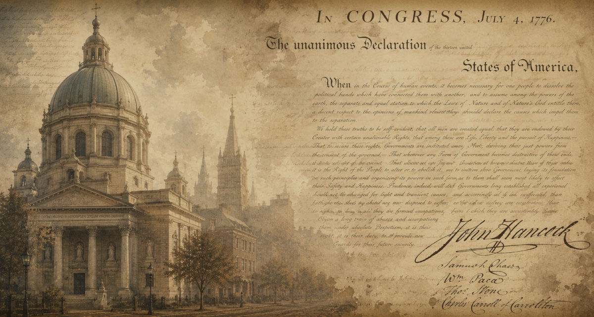Declaration of Independence and Charles Carroll of Carrollton signature with historic Maryland architecture