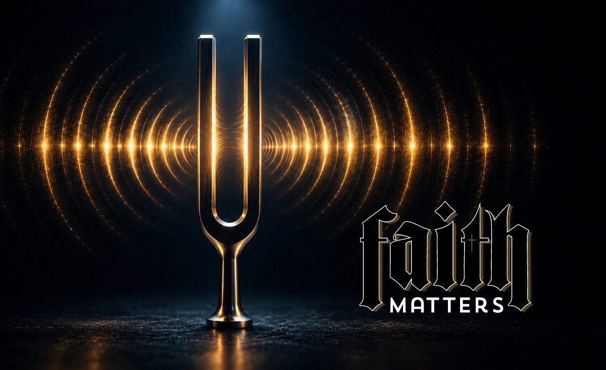 Tuning fork emitting golden sound waves next to the Faith Matters logo