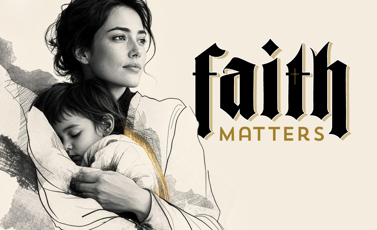 Mother holding her sleeping child beside the Faith Matters logo