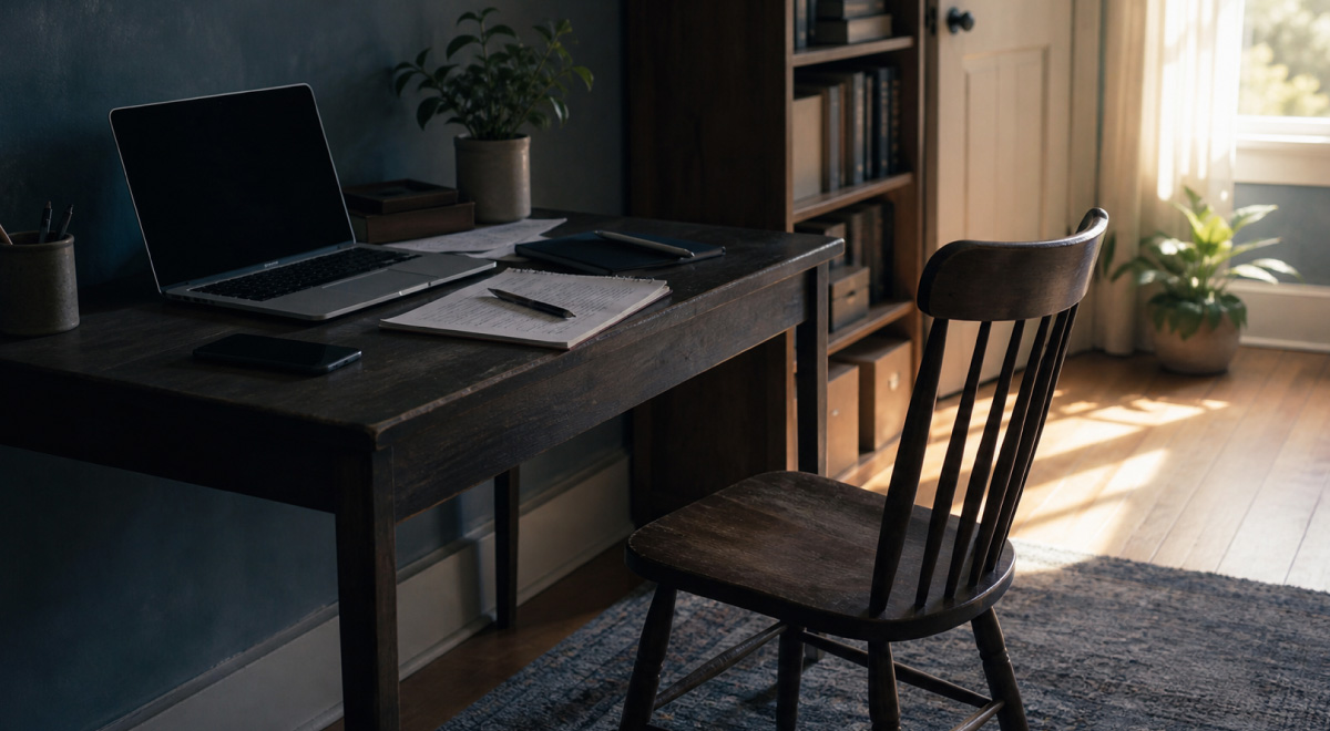 An empty chair beside a desk in a quiet, sunlit room