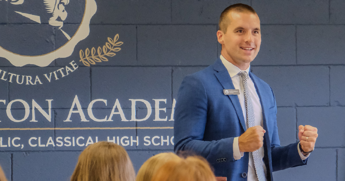 Dr. Eric DeMeuse speaks to students at Chesterton Academy of Milwaukee