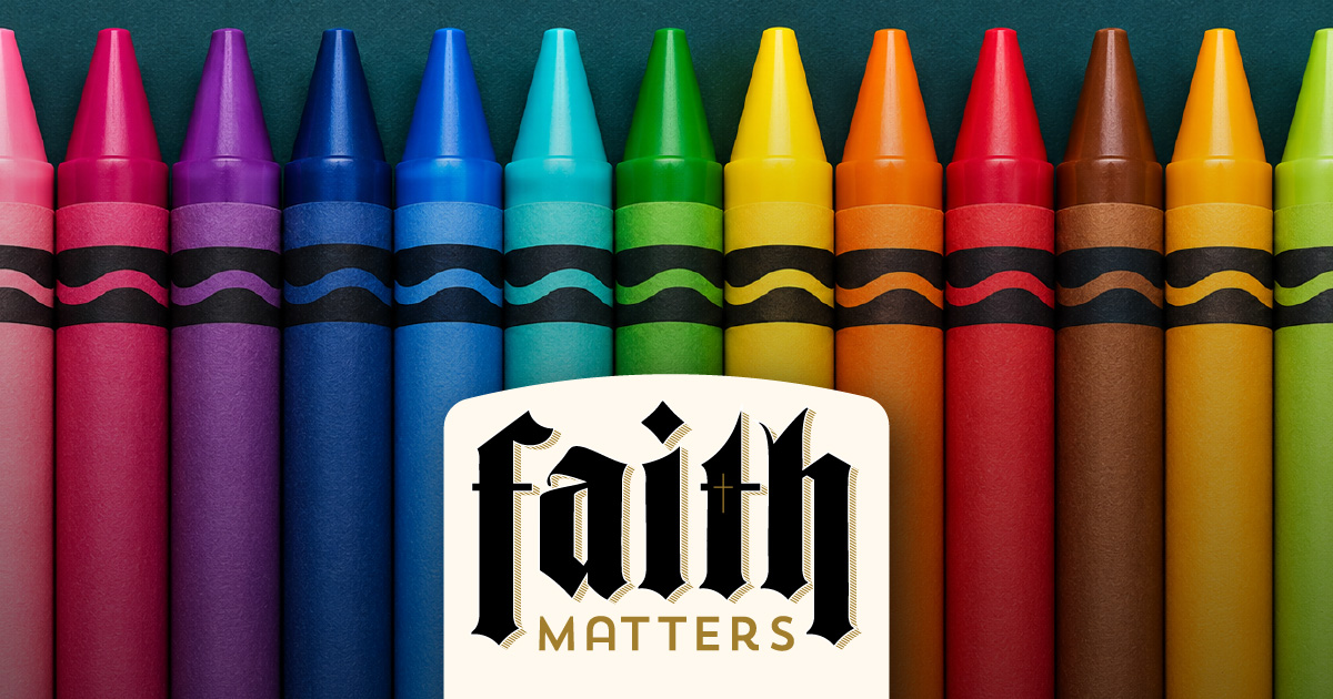 Colorful crayons arranged in a row with the Faith Matters logo