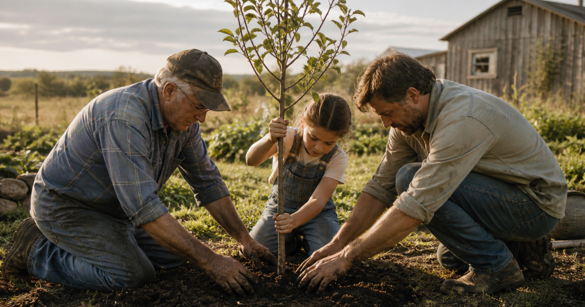 Illustration of three people planting a young tree together on rural land