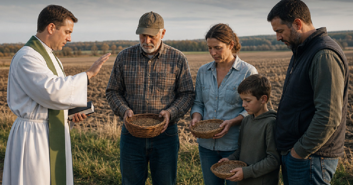 Illustration of a priest blessing baskets of seeds held by adults and a child in a rural field