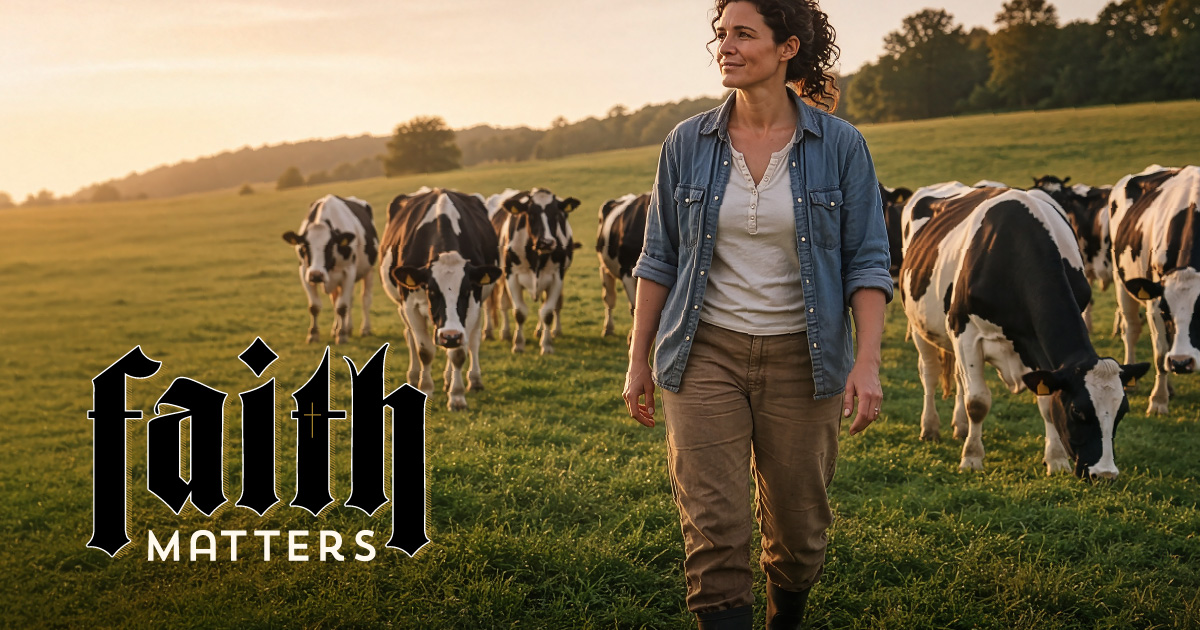 Woman standing in a pasture with cattle beside the Faith Matters logo
