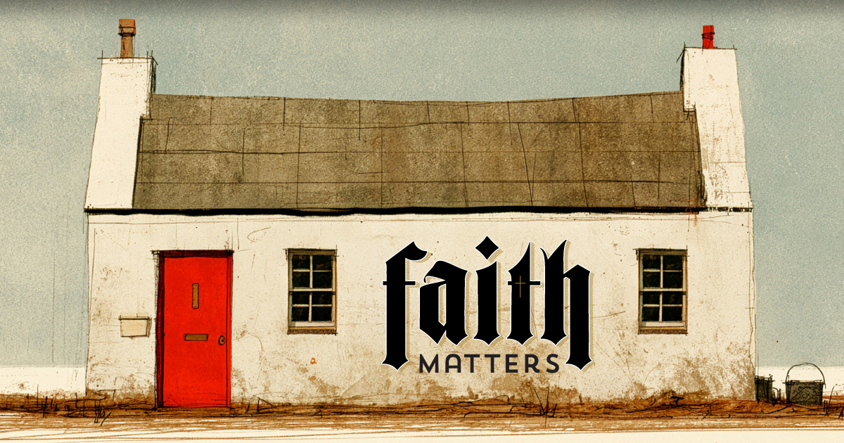 Red front door beside the Faith Matters logo