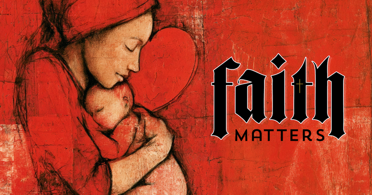 Faith Matters: a mother cradles her child against a red background