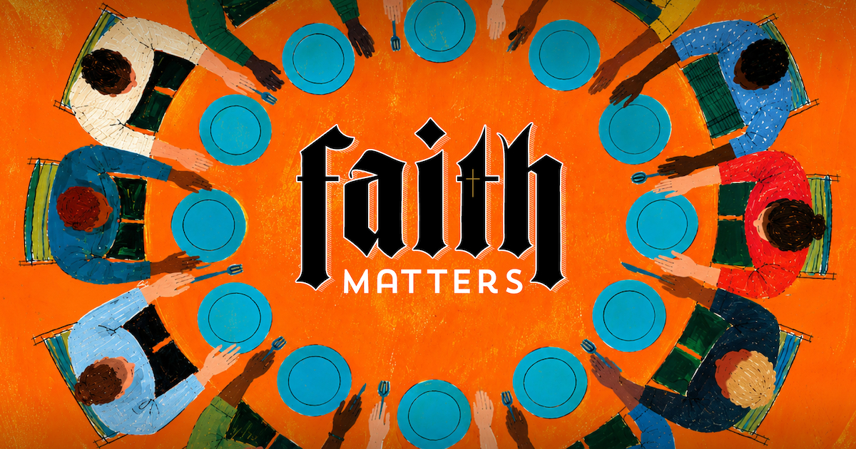Faith Matters: A Seat at the Table. Illustration of people gathered around a table.